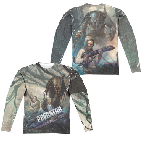 Predator/stalk (front/back Print)-l/s Adult Poly Crew -white