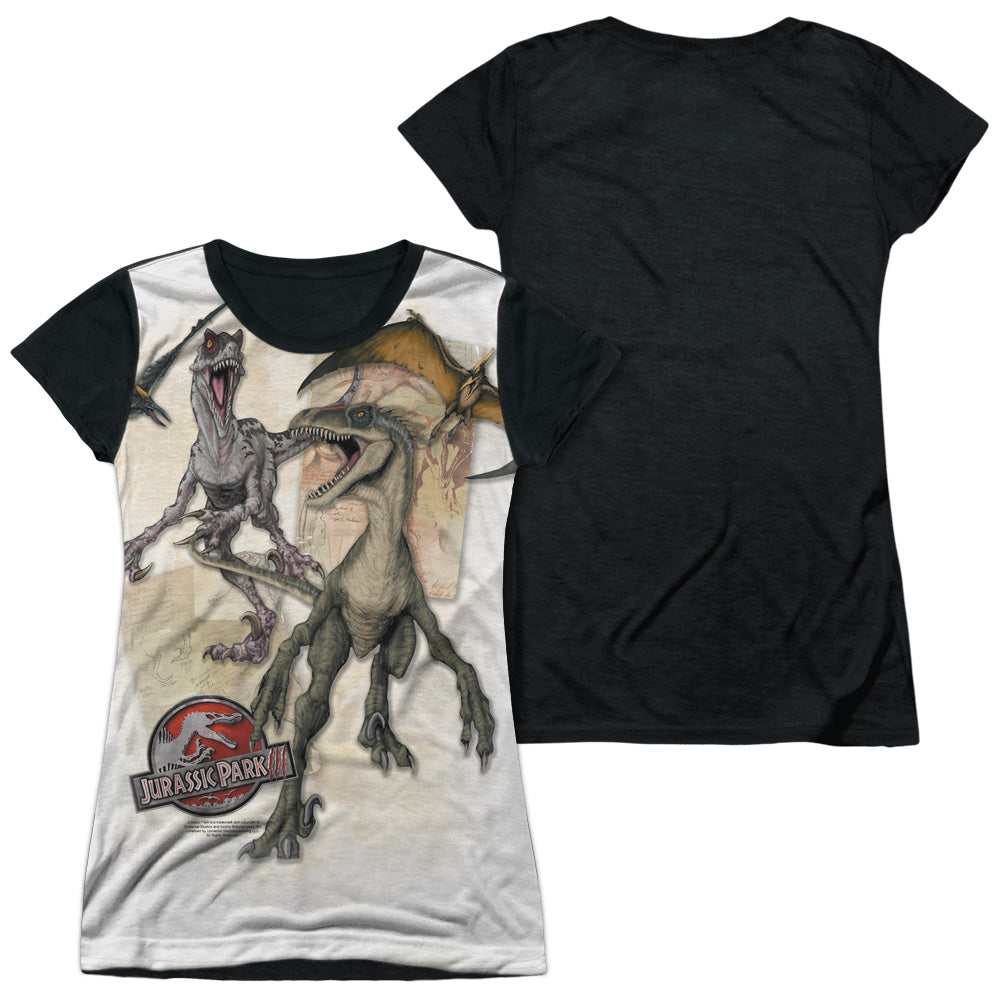 Jurassic Park/dino Drawings-s/s Junior Poly Black Back-white