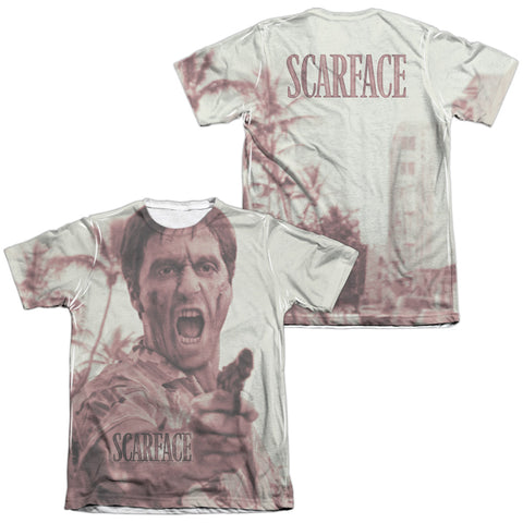 Scarface/war Cry (front/back Print) - Adult 65/35 Poly/cotton S/s Tee - White