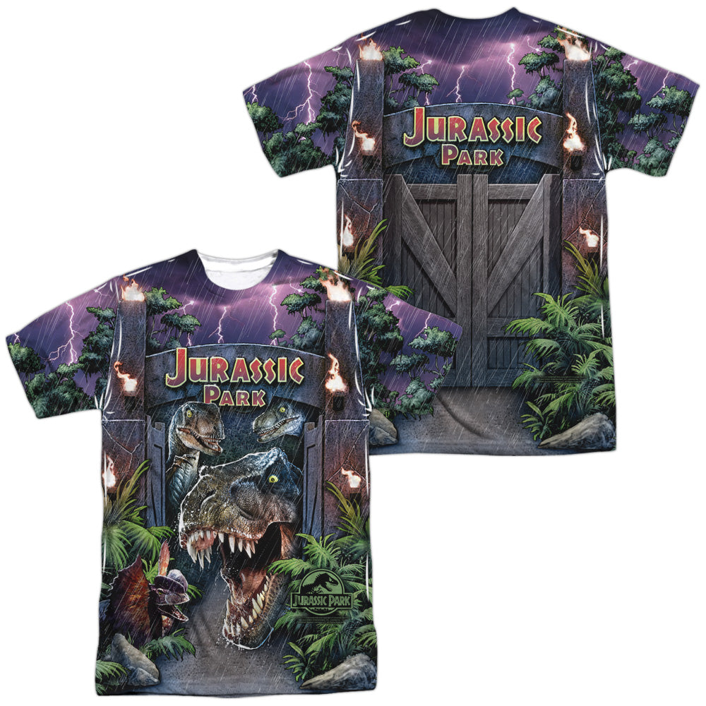 Jurassic Park/welcome To The Park-s/s Adult Poly Crew-white