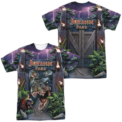 Jurassic Park/welcome To The Park-s/s Adult Poly Crew-white