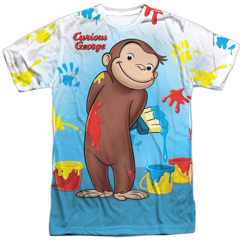 Curious George/paint All Over - S/s Adult 100% Poly Crew - White - Sm - White