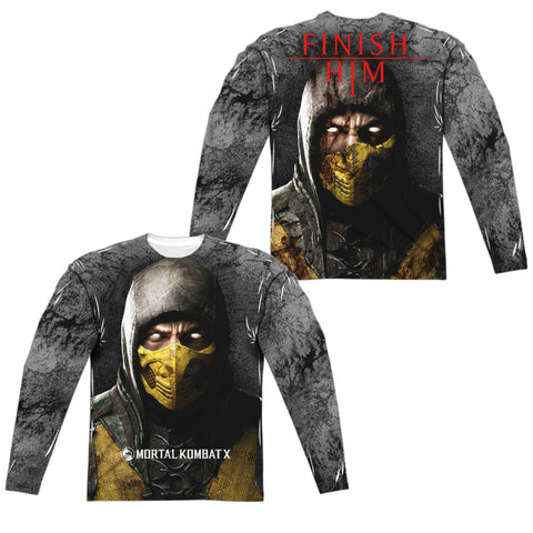 Mortal Kombat X/finish Him (front/back Print)-l/s Adult Poly Crew -white