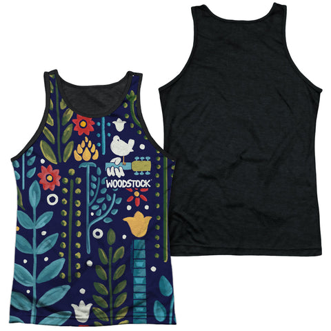 Woodstock/floral-adult Poly Tank Top Black Back-white