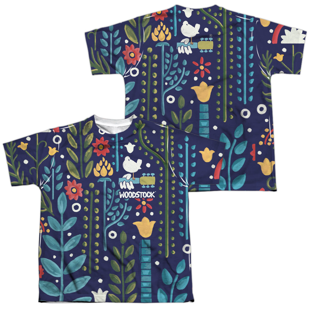 Woodstock/floral (front/back Print)-s/s Youth Poly Crew-white